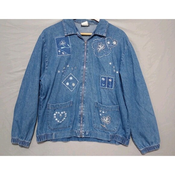 Vtg Denim Embroidered Jacket Women's Large Teddi Grannycore Cottagecore Retro - Picture 1 of 6